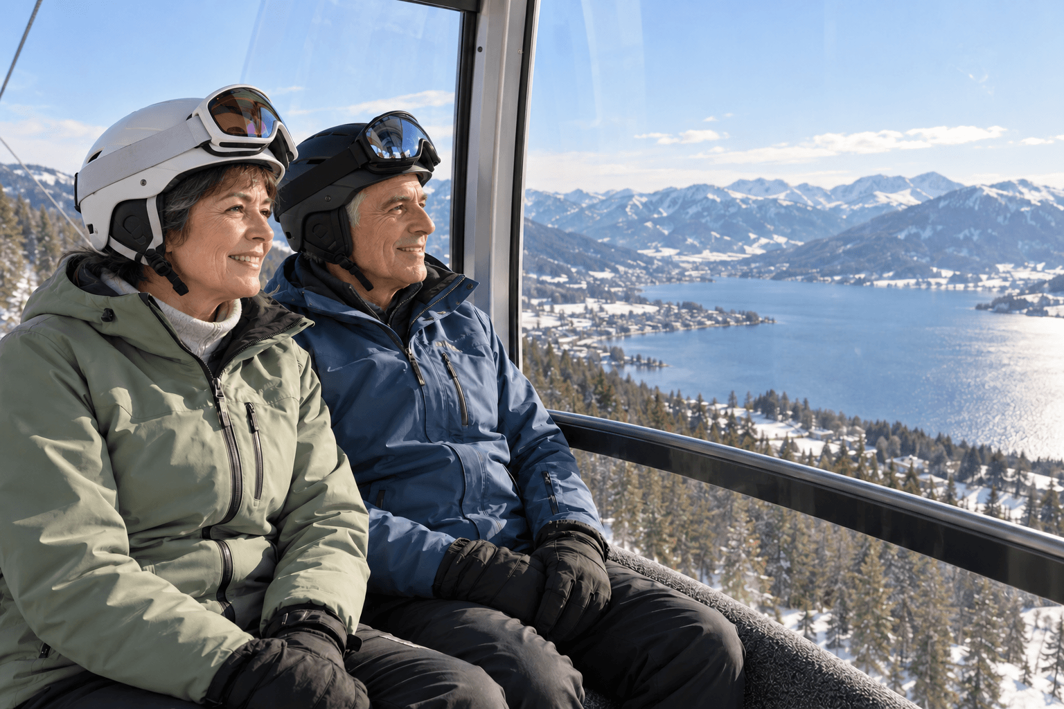 Skifahren im Alter: Älteres Paar genießt eine Gondelfahrt mit Blick auf einen See und verschneite Berge.